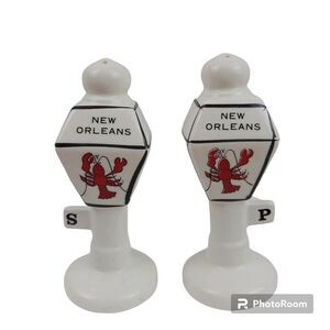 New Orleans crawfish Street Lamp Salt and Pepper Shaker White Ceramic